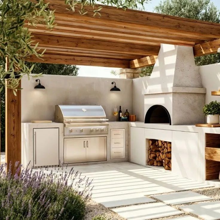Terrasse cuisine d'été, avec barbecue et cheminée extérieure