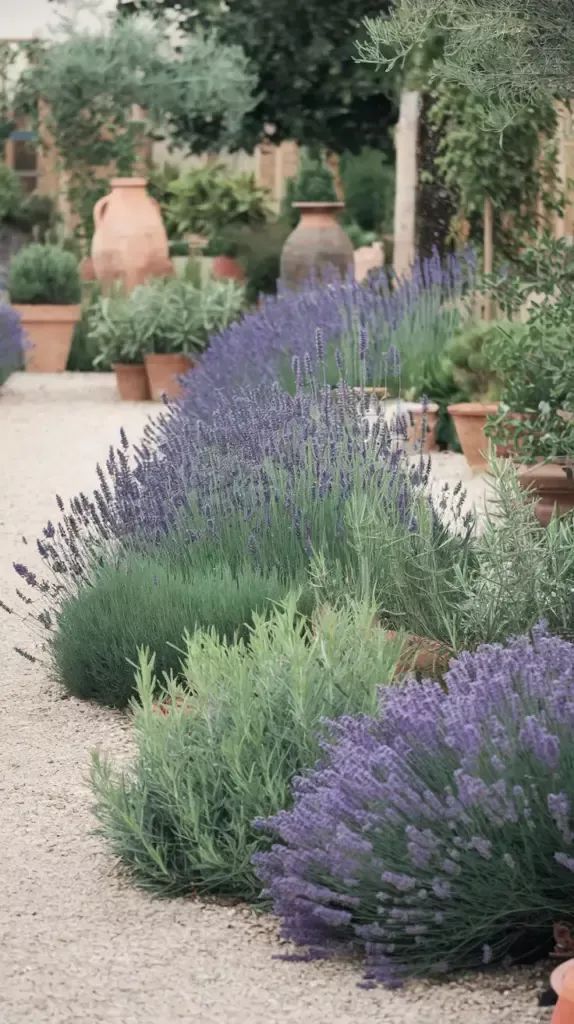 Lavender and terracotta pots in a Provençal courtyard