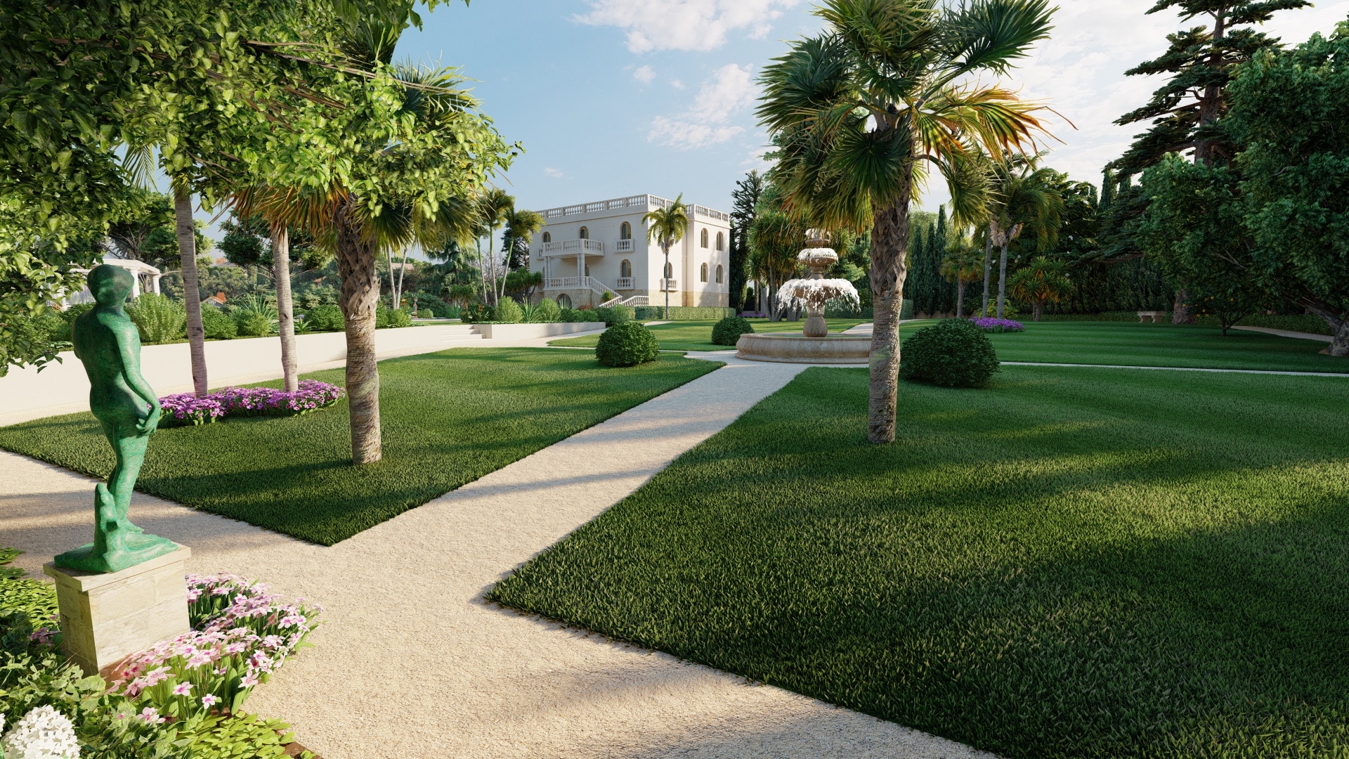 Vue 3D d'un projet paysager pour une villa, chemin avec statue