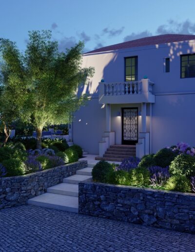 3D night rendering of the villa entrance with stone steps, terraced walls, and landscape lighting.