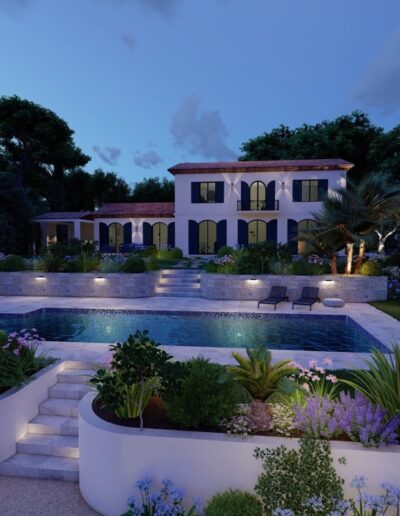 3D night rendering of a villa with terraced garden and illuminated swimming pool
