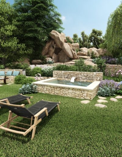 3D view of the stone pool integrated into a Mediterranean garden