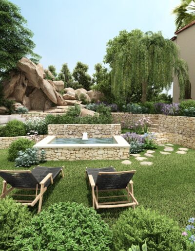 3D view of the Adonis project for Villa Hinn, featuring the pool and terraced landscaping