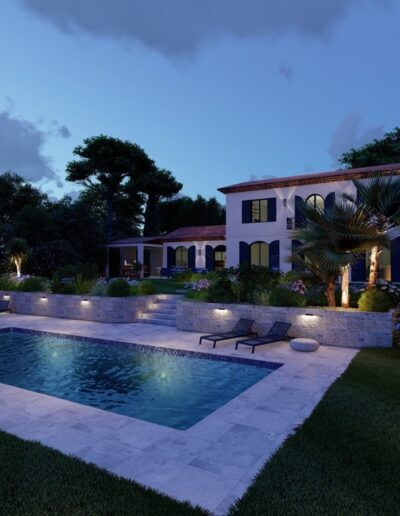 3D night rendering of a pool surrounded by vegetation with a view of the Mediterranean villa