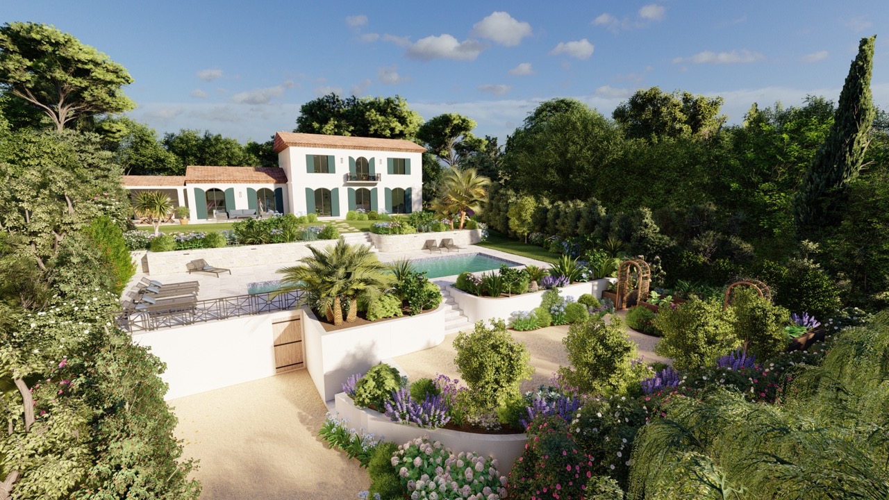 3D rendering of the landscape project for a villa with large plants and a pool