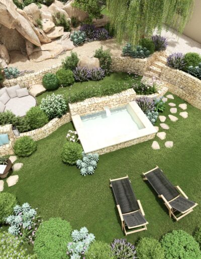 Aerial 3D view of the landscape project with stone pool, seating area, and flower beds