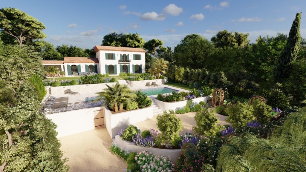 3D aerial rendering of a Mediterranean villa with terraced gardens, swimming pool and flower beds