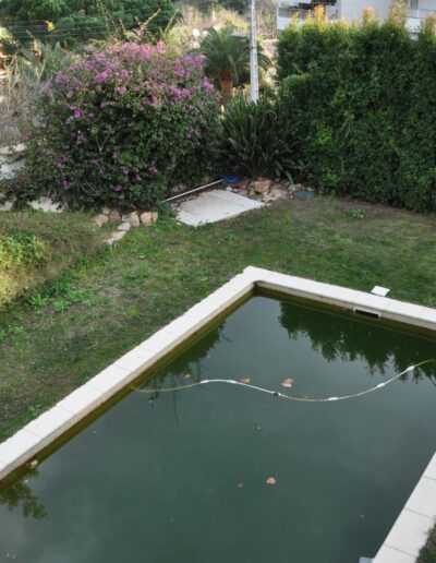 Piscine à l’eau verte dans un jardin non aménagé avant les travaux de rénovation