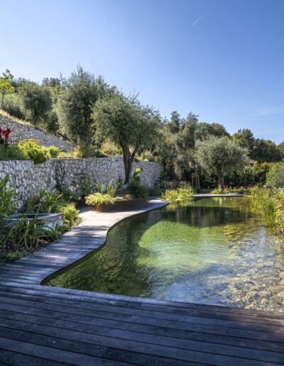 Bassin naturel aux eaux claires entouré d’un deck en bois et de murs en pierre sèche, dans un jardin méditerranéen