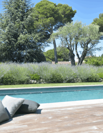Mediterranean wooden terrace with a pool