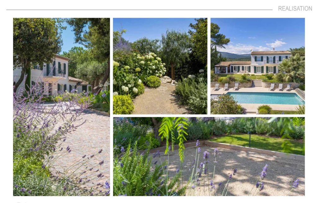Photo board showing the completed landscape project of a Provençal villa