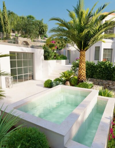 Visuel 3D montrant le bassin et la terrasse rénovés devant la villa, entourés de palmiers et de végétation méditerranéenne.