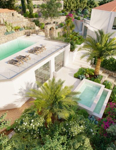 Vue aérienne 3D du projet présentant la grande piscine, les terrasses rénovées et la villa au cœur d’un jardin en restanques.