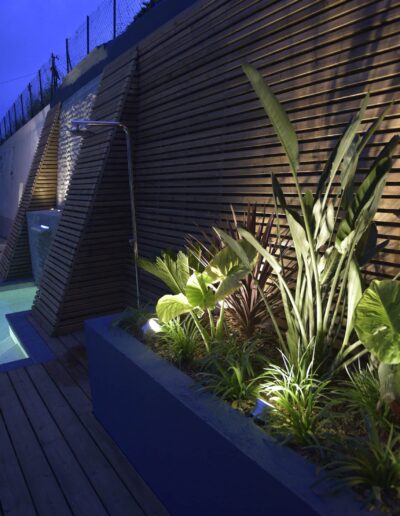 Slatted wooden wall with outdoor shower and illuminated plants at dusk
