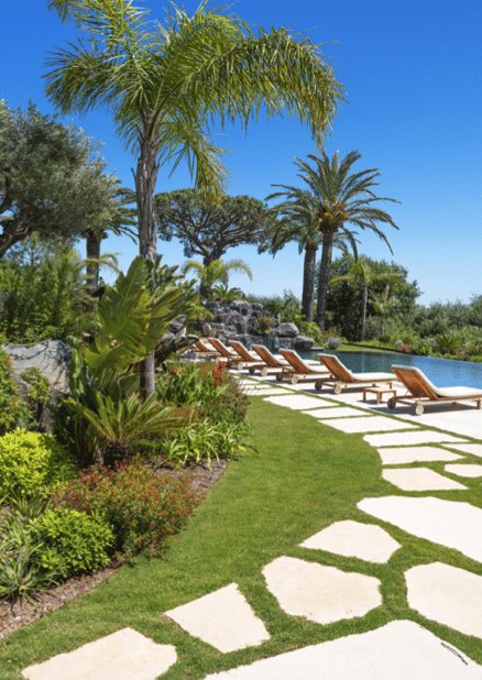 Stepping stones by a pool, with plants and sun loungers