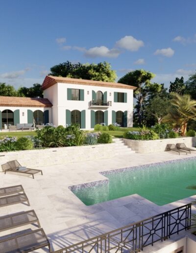 Visuel 3D d’une terrasse de piscine en pierre avec vue sur la villa méditerranéenne et ses jardins