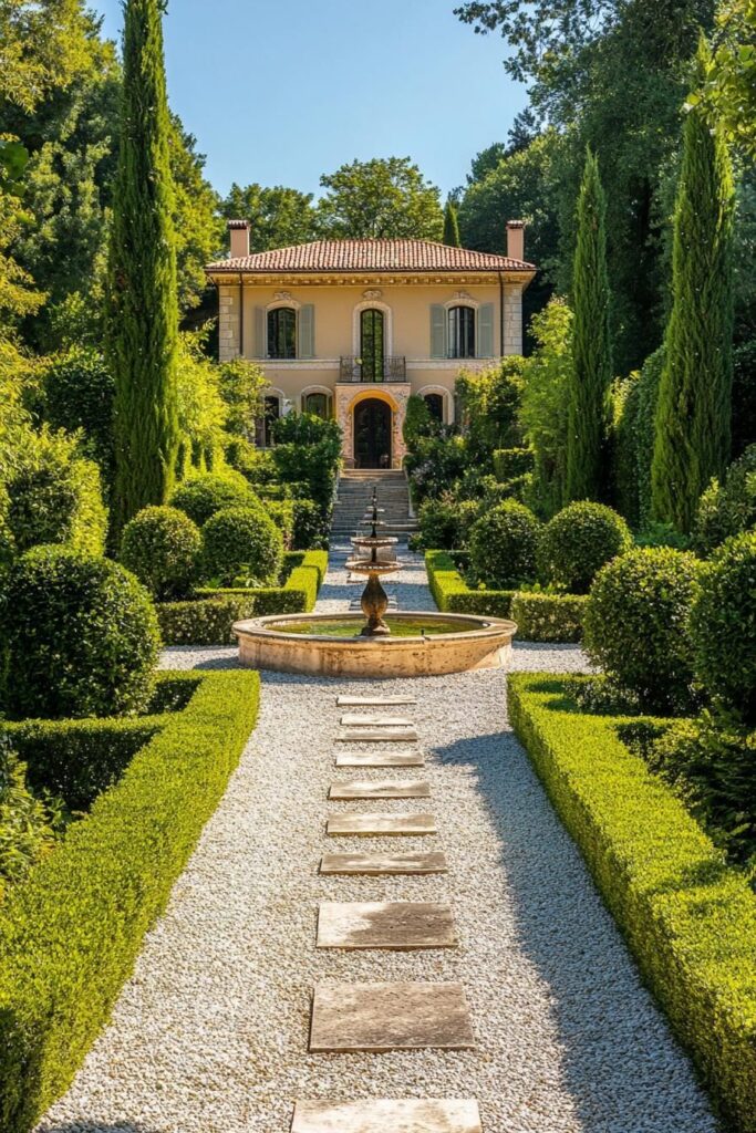 Topiary art: pathway lined with rhythmically arranged plant spheres
