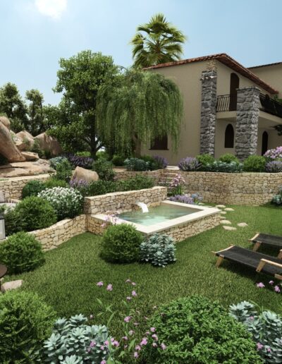 3D rendering of Villa Hinn’s garden with pool, stone walls, and planting design
