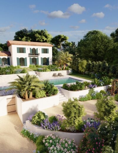Visuel 3D aérien d’une villa méditerranéenne avec jardins en terrasses, piscine et massifs fleuris